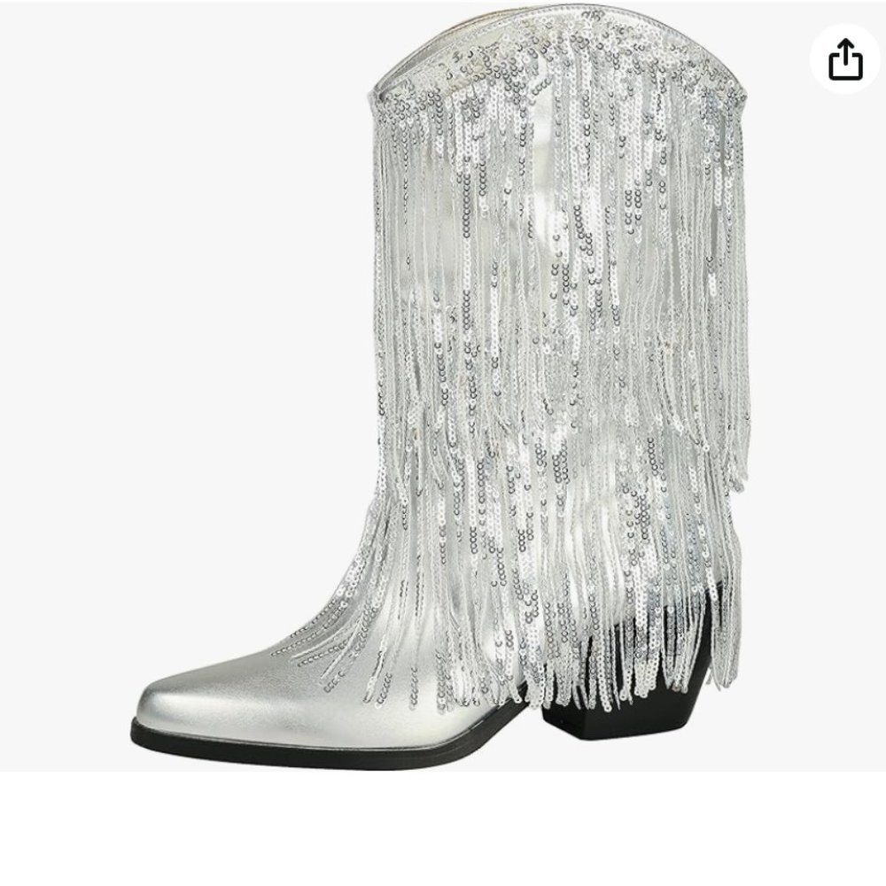 Women's Thick-heeled Western Pointed Silver Tassel and Sequin Booties in Silver - Picture 4 of 6